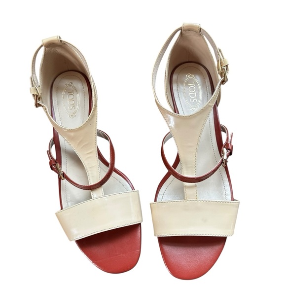 Tod's Patent Leather T-Strap Low Wedge Sandals Cream Maroon US 7.5 | IT 37.6 - Picture 13 of 13